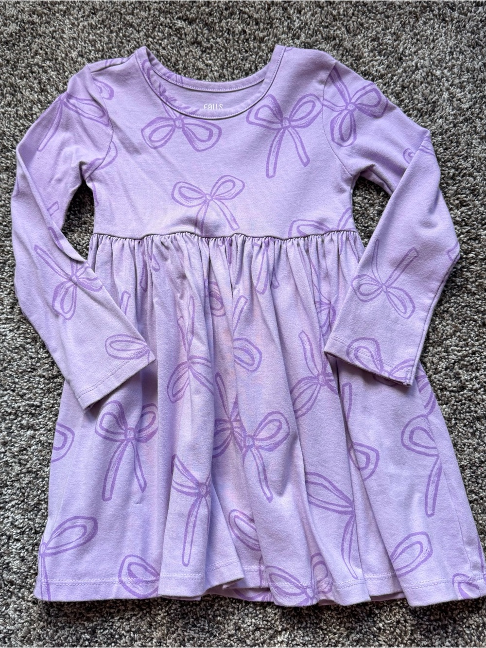 Girls' Lavender Bow Print Long-Sleeve Dress